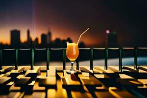en glas av orange juice Sammanträde på en tabell i främre av en stad horisont. ai-genererad foto