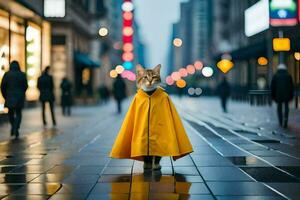 en katt bär en gul regnkappa på en stad gata. ai-genererad foto