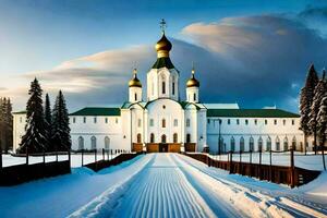 de ryska ortodox katedral i de snö. ai-genererad foto