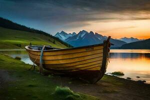 de båt på de sjö, solnedgång, berg, sjö, båt, solnedgång, solnedgång hd. ai-genererad foto