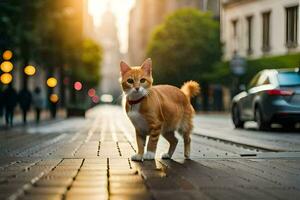 ett orange katt gående ner en gata på solnedgång. ai-genererad foto