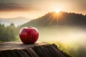 en röd äpple på en stubbe i de berg. ai-genererad foto