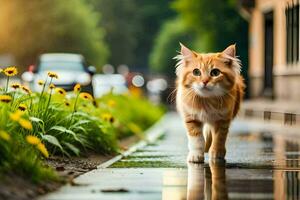 ett orange katt gående längs en våt gata. ai-genererad foto