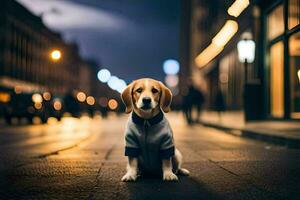 en hund i en jacka Sammanträde på de gata på natt. ai-genererad foto