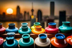 färgrik vaser är fodrad upp på en tabell med en stad i de bakgrund. ai-genererad foto