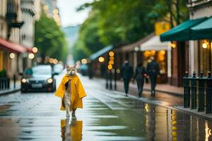 en hund i en gul regnkappa gående ner en gata. ai-genererad foto