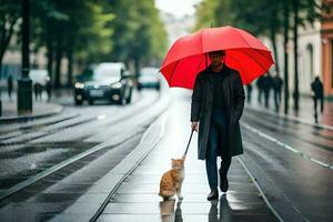 en man gående hans katt på en regnig dag. ai-genererad foto
