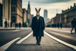 en kanin bär en kostym och slips på de gata. ai-genererad foto