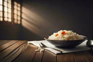en skål av ris med morötter och en sked på en tabell. ai-genererad foto