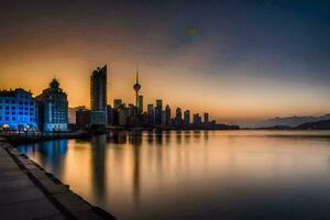 de stad horisont på solnedgång i shanghai. ai-genererad foto