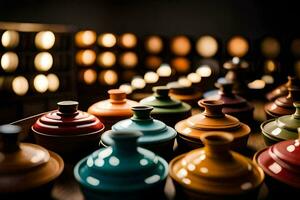 färgrik kastruller och vaser sitta på en tabell. ai-genererad foto