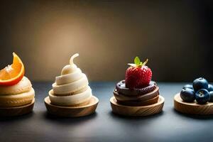 fyra annorlunda desserter i små skålar. ai-genererad foto