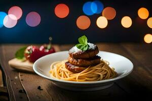 spaghetti med köttbullar och körsbär tomater på en trä- tabell. ai-genererad foto