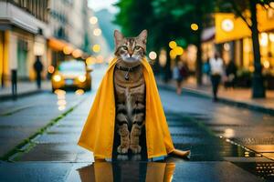 en katt bär en gul cape på en regnig gata. ai-genererad foto