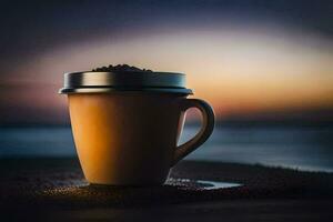 kaffe kopp på de strand på solnedgång. ai-genererad foto