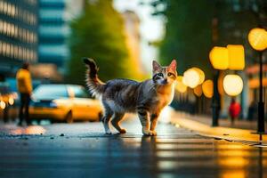 en katt gående på en stad gata på natt. ai-genererad foto