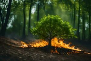 en träd är brinnande i de mitten av en skog. ai-genererad foto