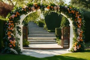 ett archway med blommor och apelsiner på Det. ai-genererad foto