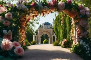 en skön archway med rosa blommor och grön buskar. ai-genererad foto