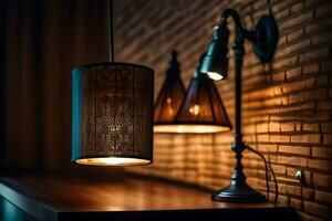 en lampa på en tegel vägg i en rum. ai-genererad foto