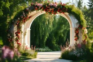 ett archway med blommor och grönska. ai-genererad foto