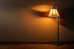 ett tömma rum med en lampa på de golv. ai-genererad foto