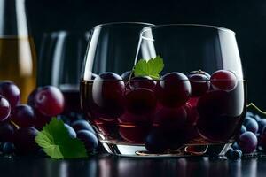 vindruvor och vin i glasögon på en mörk tabell. ai-genererad foto