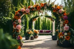 ett archway med blommor och grönska. ai-genererad foto