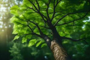 en träd med grön löv i de solljus. ai-genererad foto