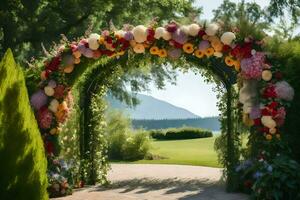 en bröllop båge dekorerad med blommor i de parkera. ai-genererad foto