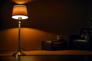 en lampa i en mörk rum med en stol. ai-genererad foto