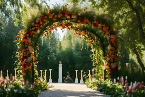 ett archway med blommor och ljus i de mitten av en trädgård. ai-genererad foto