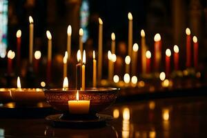 ljus är belyst i en kyrka med ljus i de bakgrund. ai-genererad foto