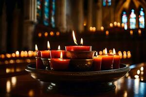 ljus i en kyrka med ljus belyst. ai-genererad foto