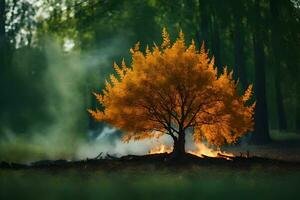 en träd med orange löv i de mitten av en skog. ai-genererad foto