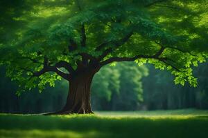en träd är stående i de mitten av en grön fält. ai-genererad foto