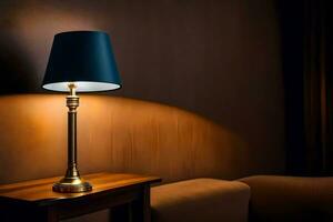 en lampa på en tabell i främre av en soffa. ai-genererad foto