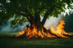 en brinnande träd i de mitten av en fält. ai-genererad foto