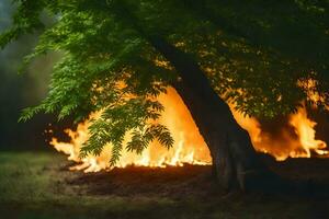 en träd är brinnande i de mitten av en fält. ai-genererad foto