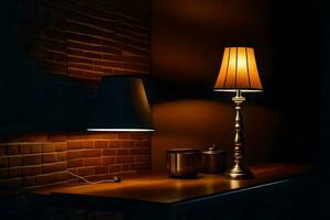 en lampa på en tabell i främre av en tegel vägg. ai-genererad foto