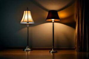 två lampor är på en mörk golv. ai-genererad foto