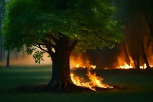 Foto tapet de himmel, brand, träd, gräs, gräsmark, de skog, de skog. ai-genererad