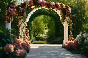 ett archway med blommor och grönska i de bakgrund. ai-genererad foto