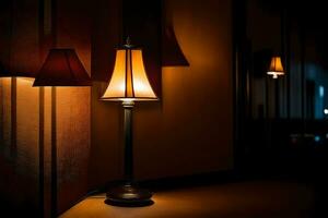 en lampa är belyst i en mörk rum. ai-genererad foto