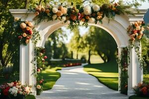 en skön archway med blommor och grönska. ai-genererad foto