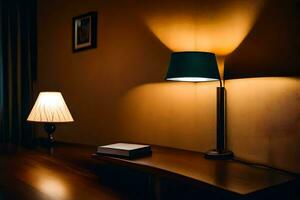en lampa är på en tabell Nästa till en skrivbord. ai-genererad foto