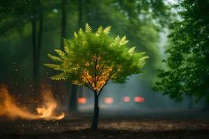 en träd med brand kommande ut av den i de mitten av de skog. ai-genererad foto