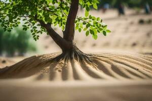 en träd växande ut av de sand i de öken. ai-genererad foto