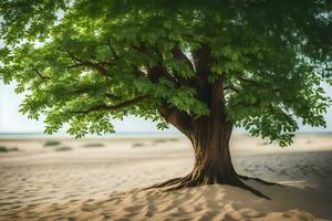en träd är stående i de sand i de öken. ai-genererad foto