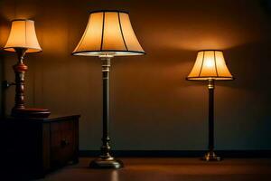 tre lampor i en mörk rum. ai-genererad foto